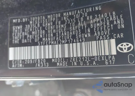 2021 Toyota Corolla Le из США, поврежденный, VIN 5YFEPMAE2MP174649